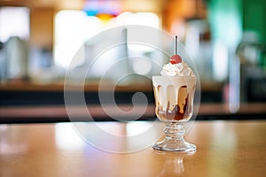 root beer float with a cherry on top, on a diner counter