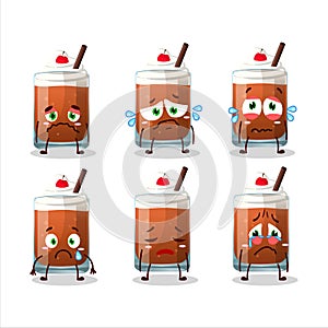Root beer with ice cream cartoon character with sad expression