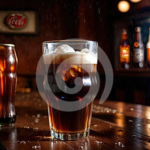 Root beer, soda soft drink cola pop, cold draft beverage in cup