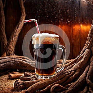 Root beer, soda soft drink cola pop, cold draft beverage in cup