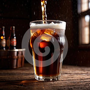 Root beer, soda soft drink cola pop, cold draft beverage in cup