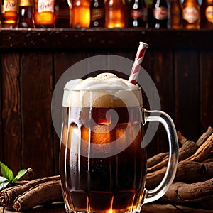 Root beer, soda soft drink cola pop, cold draft beverage in cup