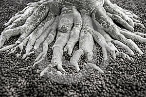 The root of the bonsai tree in the garden