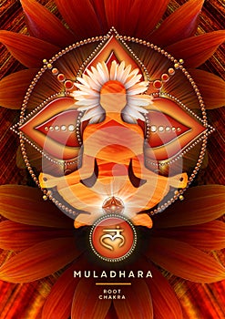 Root chakra meditation in yoga lotus pose, in front of muladhara chakra symbol.