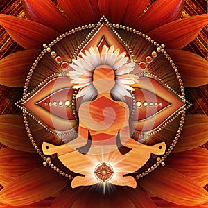Root chakra meditation in yoga lotus pose, in front of muladhara chakra symbol.