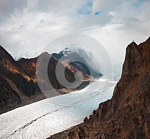 Root Glacier tumbles down from the heights of the Wrangell St Elias Mountains