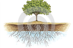 Root system - complex underground structure, enhancing water absorption, plant anatomy, subsoil network, moisture intake