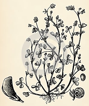 Root system, stem, flowers and fruits of Medicago lupulina.