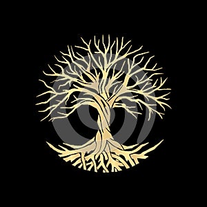 Root or tree, tree of life vector symbol with a circle shape. Beautiful illustration of isolated root with gold luxury color