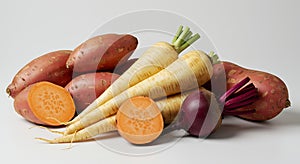 Root Vegetable Medley: Sweet Potatoes, Parsnips, and Beetroot on White Background