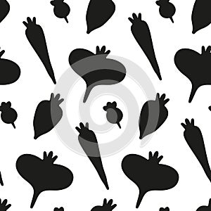 Root vegetable silhouettes. Food seamless pattern. Black white continuous garden wallpaper texture. Contrast vegetable background
