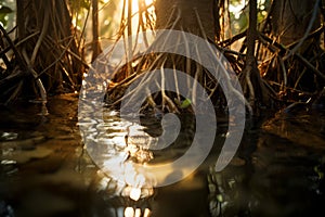 Roots of aquatic plants underwater emerging from the swamp