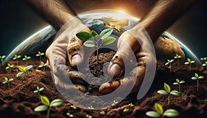 Roots of Connection depiction of a farmers hands planting a young tree sapling into fertile soil capturing the moment of