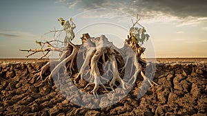 Roots of a dry dead tree, dry cracked land. Concept climate change. Global warming