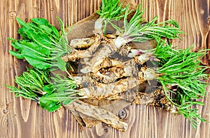 Roots of young horseradish on a wooden background.