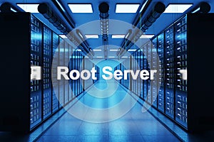 Rootserver logo in large modern data center with multiple rows of network internet server racks, 3D Illustration