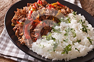 Ropa vieja: beef stew in tomato sauce with vegetables and rice g photo