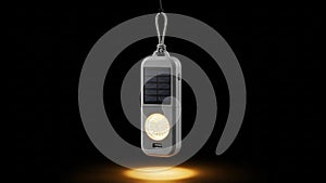 By a rope against a dark background. It features a rectangular