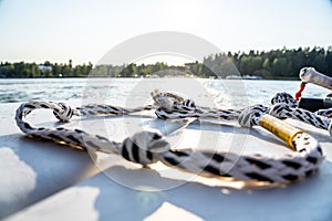 Rope on the back of a boat, close up shot of a wakeboard rope, Watersport