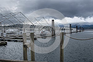 Rope barrier near an empty harbor