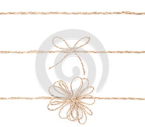 Rope bow. Jute wrapping collection for present. Close up.