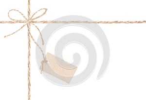 Rope bow tag . Jute wrapping for present and pricing. Close up.