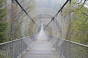 Rope bridge in misty mountains