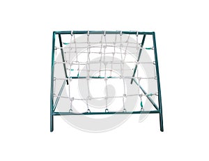 Rope climbing mesh with green pole structure in the playground isolated on white toy sport background , clipping path