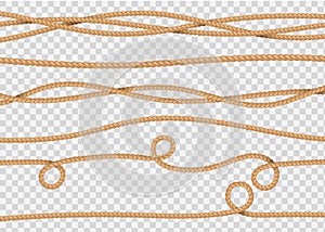 Rope decore. Realistic jute cords marine navy cord, lasso line. Vector marine sailor string