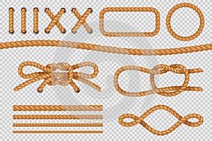 Rope elements. Marine cord borders, nautical ropes with knot, old sailing loop. Vector set