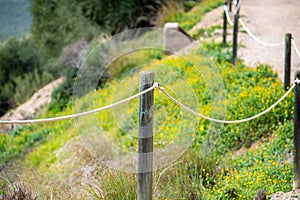 Rope fence on green grass background