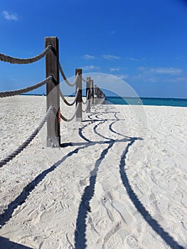 Rope fence and shadow on the beach.