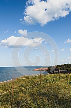 Rope fence in tall grass at the edge of the red cliffs at Prince Edward Island National Park, Canada