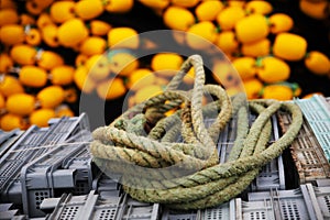 A rope in a fishing vessel with yellow background