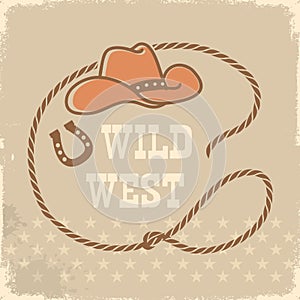 Rope frame with cowboy hat and lasso on vintage rodeo background. Vector wild west illustration on old paper texture.