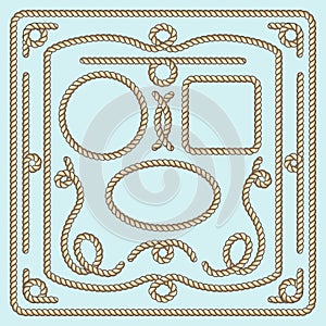 Rope frame, knots and corners. Vector decorative elements