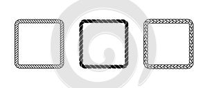Set of rope frames. Squared cord border collection. Rectangular rope loop pack. Chain, braid or plait border bundle