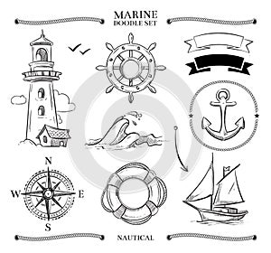 Rope frames, boats, marine knots, anchors nautical vector doodle set
