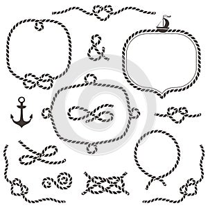 Rope frames, borders, knots. Hand drawn decorative elements