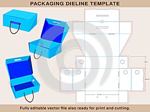 Rope Handle Shoe Box Dieline template of Small size 11 x 7.5 x 4 Inch One piece corrugated shoebox die line