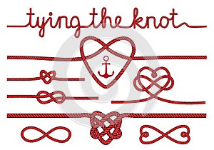 Rope hearts and knots, vector set