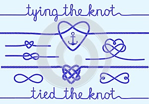 Rope hearts and knots, vector set