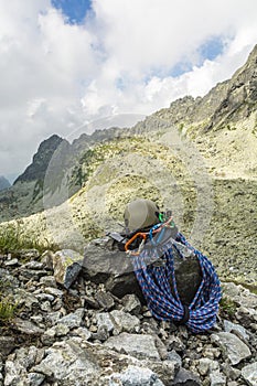 Rope, helmet, carabiners, climbing harness and descender