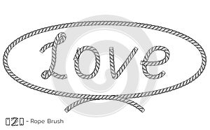 Rope inscription Love in oval frame. Marine sketch design. Romantic, wedding decoration. Vector