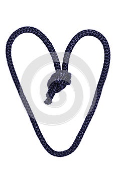 Rope isolated. Close-up of blue node or knot in the shape of a heart isolated on a white background. Concept valentine, wedding or