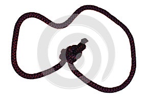 Rope isolated. Closeup of black red rope with knot, isolated on a white background. Navy, marine and angler node