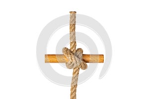 Rope isolated. Closeup of figure clove hitch node or knot from a brown rope isolated on a white background. Navy and angler knot