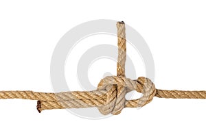 Rope isolated. Closeup of figure node or knot from two brown ropes isolated on a white background. Navy and angler knot or
