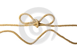 Rope isolated. Closeup of figure node or knot from two brown ropes isolated on a white background. Navy and angler knot or sailors