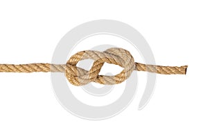 Rope isolated. Macro of figure eight node or knot from two brown ropes isolated on a white background. Navy and angler knot